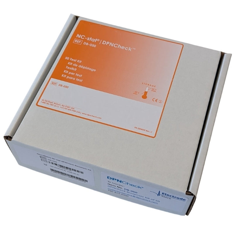 Alera TES (The Electrode Store): One (1) kit of 50 DPNCheck biosensors. Each kit contains 50 disposable biosensor electrodes, 50 isopropyl alcohol prep pads, 1 foam pad, and 1 tube (2 oz) of conductive electrode gel.