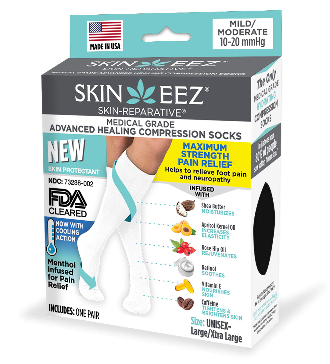 Compression Socks / Stockings - Skineez Medical Grade Advanced Healing Compression Sock 10-20mmHG White L/XL Menthol, Made in USA, 30 Pairs/Case