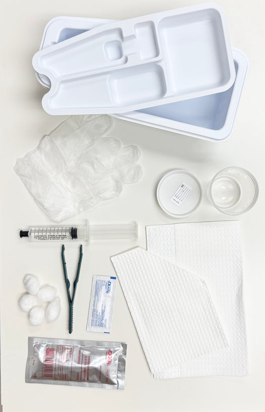 LSL FOLEY CATHERIZATION TRAY WITHOUT CATHETER, 10 CC, PREP BALLS, PLASTIC FORCEPS, PVP SOLUTION, 10CC SYRINGE (pre-filled w/sterile water), WALLETED VINYL GLOVES MEDIUM, LUBRICATING JELLY, MOISTURE PROOF UNDER BUTTOCKS DRAPE, FENESTRATED DRAPE.