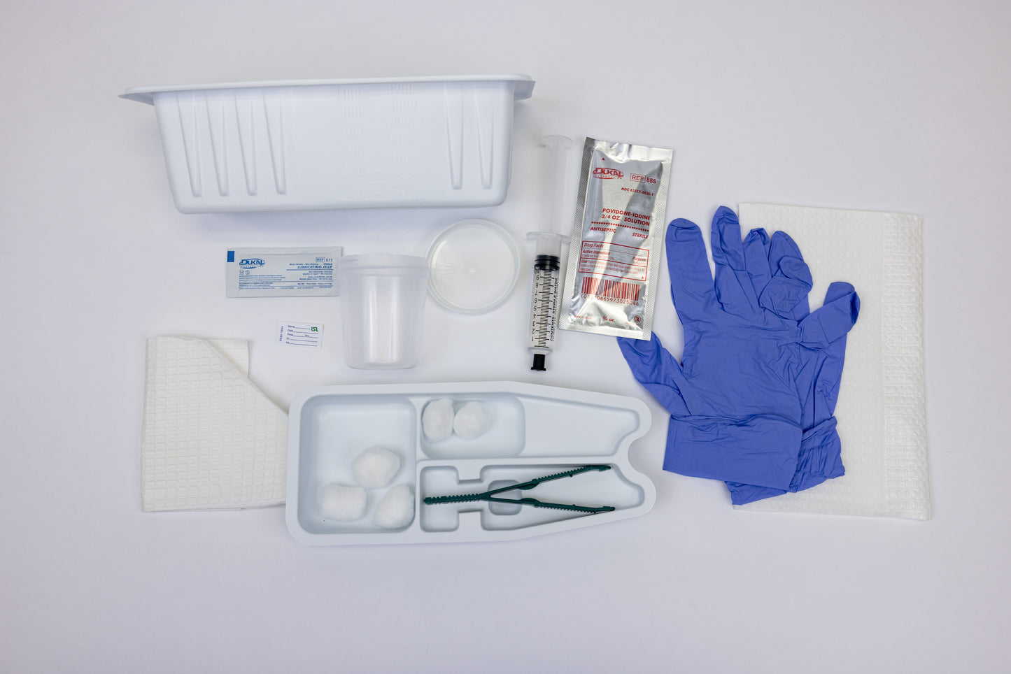 LSL FOLEY CATHETERIZATION TRAY W/O CATHETER, PREP BALLS, PLASTIC FORCEPS, PVP SOLUTION, 10 CC SYRINGE (pre-filled w/sterile water), NITRILE POWDER FREE GLOVES, LUBRICATING JELLY, MOISTURE PROOF UNDER BUTTOCKS DRAPE, FENESTRATED DRAPE, SPECIMEN CONT