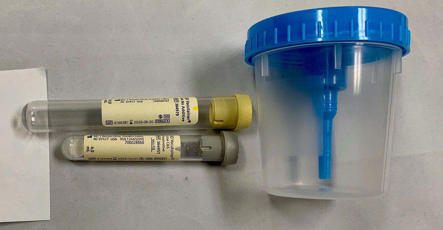 LSL URINE COLLECTION KIT WITH CUP AND INTEGRATED TRANSFER DEVICE, 10 mL UA TUBE, URINE CULTURE AND SENSITIVITY TUBE WITH GREY CAP AND BAG, 50 EA/CA
