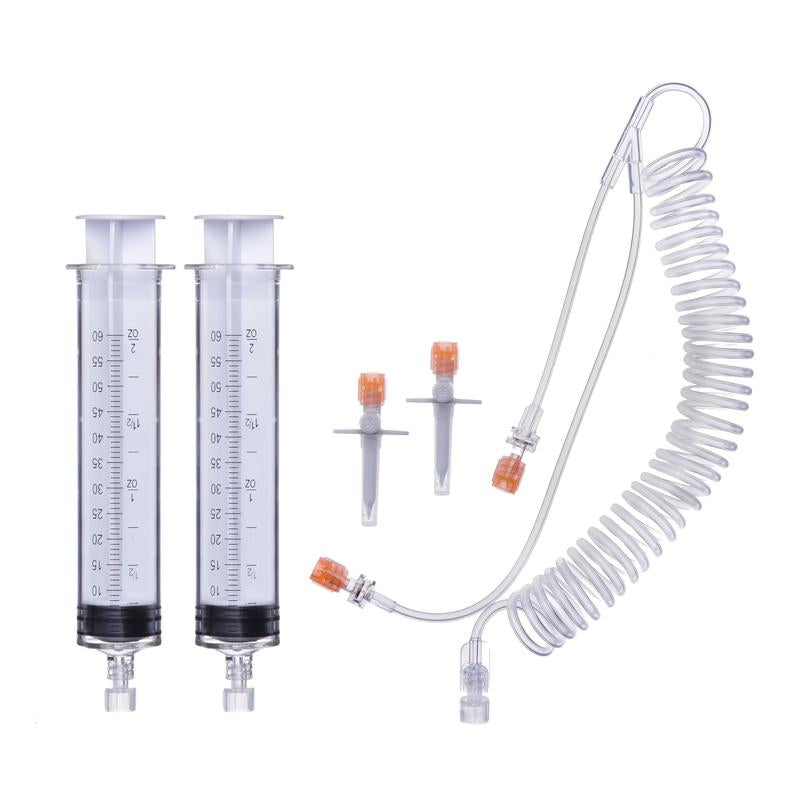 CHS USA Dual 60ml Syringe Kit, Y-Set 96in Coiled Tubing with Dual Check Valves, Fill Spikes, Compatible with Mallinckrodt OptiStar LE MR Injector, UOM CA/50, COO Canada