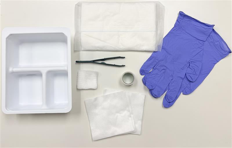 LSL WOUND DRESSING TRAY, MEDIUM ,STERILE, 2X2 GAUZE 8-PLY, 4X4 GAUZE, INSERT FORCEPS, PR OF NITRILE GLOVES POWDER FREE, ABD PAD 5X9, ROLL OF HYPOALLERGENIC TAPE 1X54, 3-COMPARTMENT TRAY, 20 EA/CA