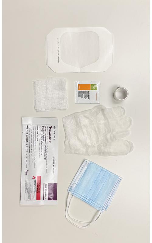 LSL CENTRAL LINE DRESSING KIT, STERILE, FACE MASK, VINYL GLOVES POWDER FREE, CHG PREVANTICS® MAXI SWABSTICK 5.1ML, 2X2 GAUZE 8-PLY, 3X3 GAUZE 8-PLY, SKIN PREP PAD, TRASPARENT DRESSING 4X4.75 WITH FRAME LSL & LABEL, LSL TAPE, DRESSING CHANGE LABEL.