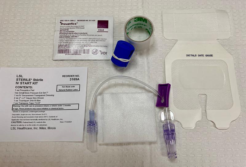 LSL IV START KIT  WITH EXTENSION SET & CHG, STERILE, PREVANTICS 1ML PAD, 7" SMALLBORE PRESSURE INFUSION EXTENSION SET, IV SECUREMENT TRANSPARENT DRESSING, GAUZE 2X2 NON-WOVEN, TOURNIQUET 3/4X18" BLUE, 1X18" TRANSPORE TAPE 1X18, 100 EA/CA