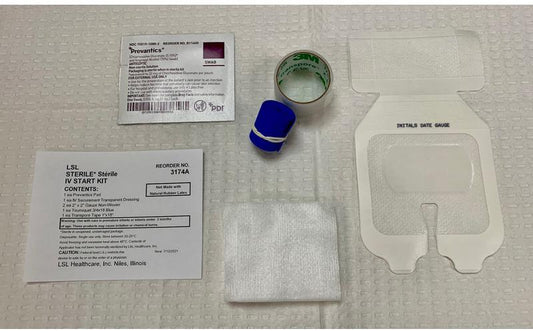 LSL IV START KIT  w/EXTENSION SET & CHG, STERILE, CHLORAPREP® 1ML (STERILE SOLUTION), 7" SMALLBORE PRESSURE INFUSION EXTENSION SET, IV SECUREMENT TRANSPARENT DRESSING, GAUZE 2X2 NON-WOVEN, TOURNIQUET 3/4X18" BLUE, 1X18" TRANSPORE TAPE 1X18, 100 EA/CA