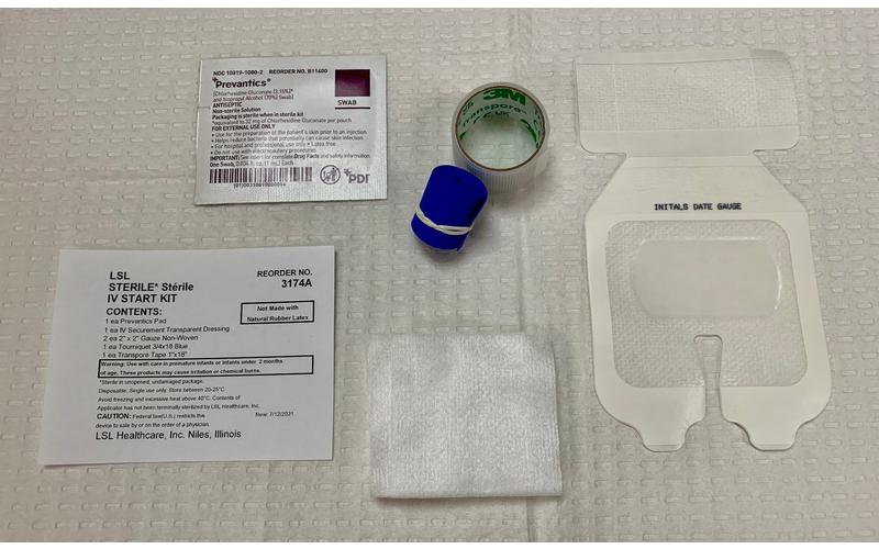 LSL IV START KIT w/CHG, PREVANTICS 1 ML PAD, IV SECUREMENT TRANSPARENT DRESSING, 2X2 GAUZE NON-WOVEN, 3/4X18" TOURNIQUET BLUE, 1X18" TRANSPORE TAPE, STERILE, 100 EA/CA