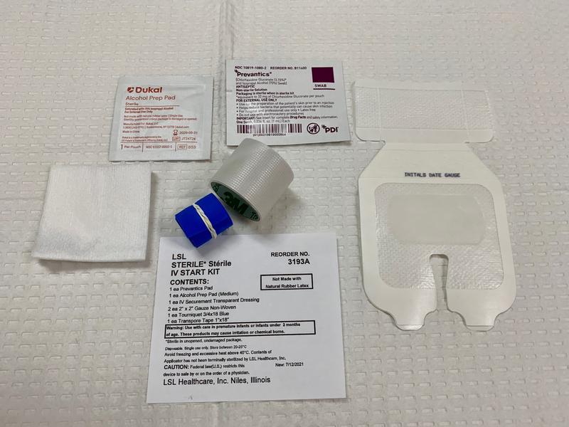 LSL IV START KIT w/CHG, PREVANTICS 1 ML PAD, ALCOHOL PREP PAD MEDIUM, 2.56X2.75" FILM IV SECUREMENT DRESSING, 2X2 NON-WOVEN GAUZE, 3/4X18" TOURIQUET BLUE, 1X18" TRANSPORE TAPE, STERILE, 100 EA/CA
