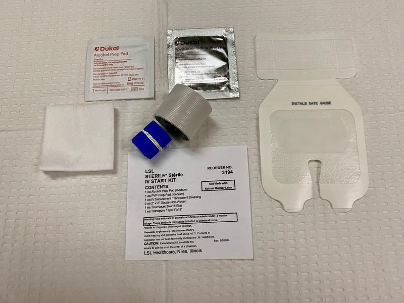 LSL IV START KIT, STERILE, ALCOHOL PREP PAD (MED), PVP PREP PAD (MED), IV SECUREMENT TRANSPARENT DRESSING, 2X2 GAUZE NON-WOVEN, TOURNIQUET 3/4X18" BLUE, 1X18" TRANSPORE TAPE,  100 EA/CA
