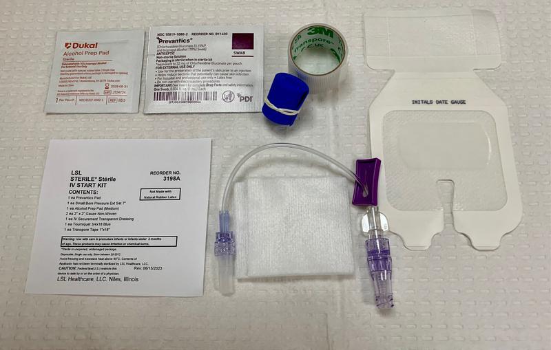 LSL IV START KIT  WITH EXTENSION SET & CHG, STERILE, PREVANTICS 1 ML PAD, 7" SMALLBORE PRESSURE INFUSION (400psig) EXTENSION SET w/REMV MICR, ALCOHOL PREP PAD MEDIUM, 2X2 NON-WOVEN GAUZE, 2.56"X2.75" FILM IV SECUREMENT DRESSING, TOURNIQUET 3/4 X 18"