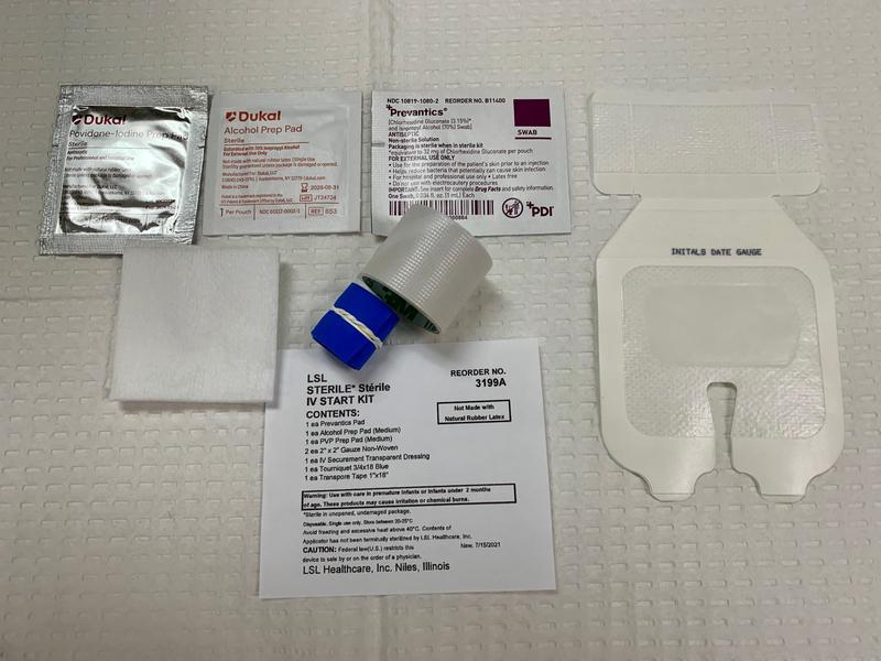 LSL IV START KIT w/CHG, PREVANTICS 1 ML PAD, ALCOHOL PREP PAD (MEDIUM), PVP PREP PAD (MEDIUM), 2X2 GAUZE NON-WOVEN , IV SECUREMENT TRANSPARENT DRESSING, TOURNIQUET 3/4X18" BLUE, 1X18" TRANSPORE TAPE, STERILE, 100/CA