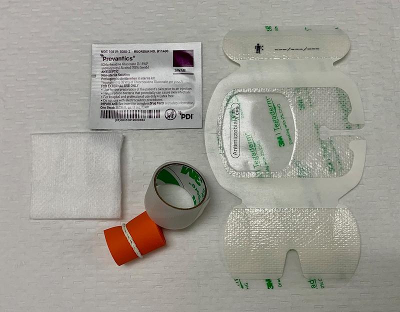LSL ANTI-MICROBIAL IV START KIT, STERILE, TEGADERM ANTIMICROBIAL I.V. ADVANCED SECUREMENT DRESSING, PREVANTICS 1ML PAD, GAUZE 2"X2" NON-WOVEN, TOURNIQUET 1"X18" ORANGE, 3/4"X18" TRANSPORE TAPE, 100 EA/CA