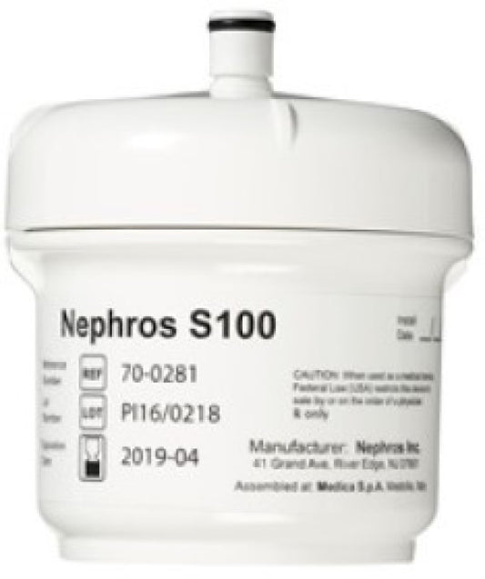 NEPHROS S100 SINK AND SHOWER SPRAY FILTER PURIFIES EPA-QUALITY WATER AND MAKES IT SUITABLE FOR DRINKING, SURGICAL HANDWASHING, AND MEDICAL EQUIPMENT CLEANING. THIS MODEL TYPE IS A POINT-OF-USE MICROFILTER CAPABLE OF RETAINING BACTERIA FOR 90 DAYS.