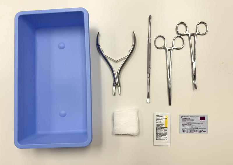 LSL TOENAIL REMOVER KIT w/PREVANTICS 1ML PAD, SINGLE ANTIBIOTIC OINTMENT, ELEVATOR FREER DOUBLE END SHARP/BLUNT, KELLY CURVED SATIN FORCEPS 5.5, KELLY STRAIGHT SATIN FORCEPS 5.5, GAUZE 2X2 8-PLY, ENGLISH ANVIL NAIL SPLITTER, STERILE, 20EA/CA
