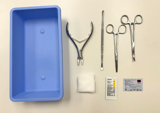 LSL TOENAIL REMOVER KIT w/PREVANTICS 1ML PAD, SINGLE ANTIBIOTIC OINTMENT, ELEVATOR FREER DOUBLE END SHARP/BLUNT, KELLY CURVED SATIN FORCEPS 5.5, KELLY STRAIGHT SATIN FORCEPS 5.5, GAUZE 2X2 8-PLY, ENGLISH ANVIL NAIL SPLITTER, STERILE, 20EA/CA
