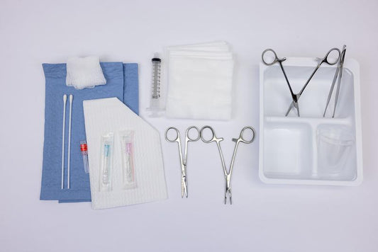 LSL LACERATION TRAY, BLUE-BLOTTING TOWELS, 2 OZ MEDICINE CUPS, FENESTRATED DRAPE, GAUZE 2X2 8 PLY, GAUZE 4X4, 6" COTTON TIP APPLICATORS, 10CC TO 12CC LUER LOCK SYRINGE, NEEDLE 18GA X 1.5", NEEDLE 25GA X 5/8", NEEDLE 25GA X 1.5", IRIS SCISSORS