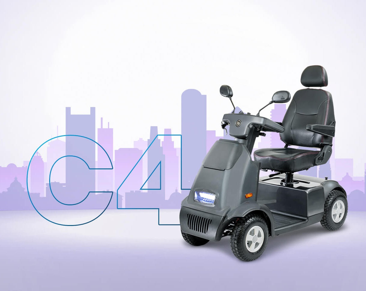Afikim Scooters, Red C4 R Touring Wheel 9.3 MPH Mobility Scooter with Canopy, 18" Seat, 950 Watt Motor and 75AH Batteries