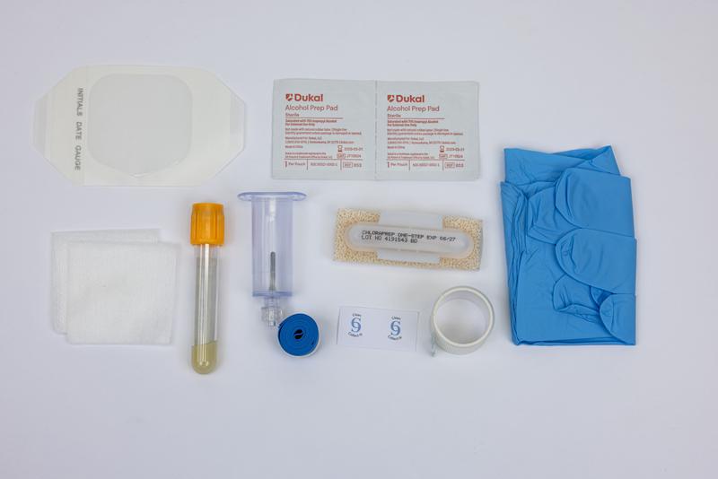 LSL CLEAN COLLECT IV DRAWN BLOOD CULTURE KIT, STERILE, SST PLH 3.5 ML GOLD, BLOOD COLLECTION ADAPTER, NITRILE WALLETED GLOVES MED., CHLORAPREP FREPP 1.5 ML, LSL DRESSING-FRAME STYLE, LSL TAPE 1X18", ALCOHOL PREP PAD, TOURNIQUET 3/4X18" 2X2 NON-WOVEN