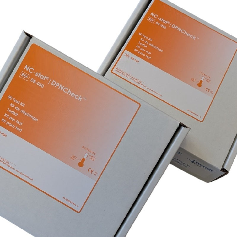 Alera TES (The Electrode Store): Bundle pack of two (2) kits of 50 DPNCheck biosensors each. (Each kit contains 50 disposable biosensor electrodes, 50 isopropyl alcohol prep pads, 1 foam pad, and 1 tube (2 oz) of conductive electrode gel.)