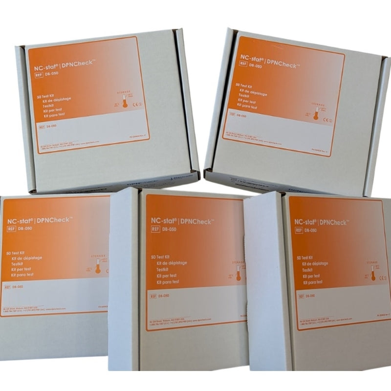 Alera TES (The Electrode Store): Bulk bundle pack of five (5) kits of 50 DPNCheck biosensors each. (Each kit contains 50 disposable biosensor electrodes, 50 isopropyl alcohol prep pads, 1 foam pad, and 1 tube (2 oz) of conductive electrode gel.)