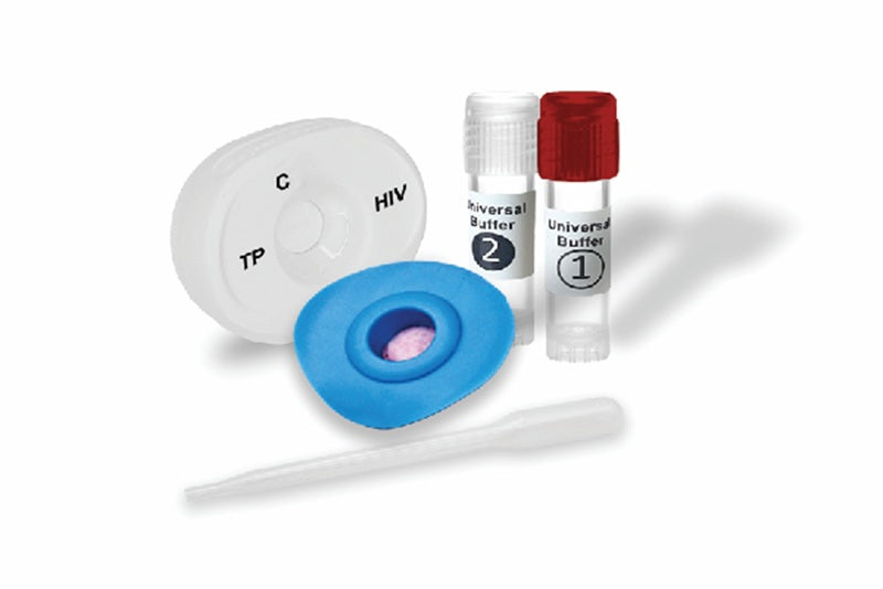 MedMira Miriad Rapid TP/HIV Antibody Test (Point-of-Use)  less than 2 min procedure w/instant result. Quantity: 25 Tests per box. For Use With: Detection of Antibodies to HIV-1/2 and Treponema pallidum (TP), (causative agent of syphilis in human serum)