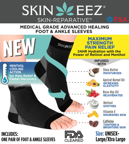 Compression Sleeve - Skineez Medical Grade Plantars Fasciitis Black L/XL Menthol, Made in USA, 30 Pairs/Case