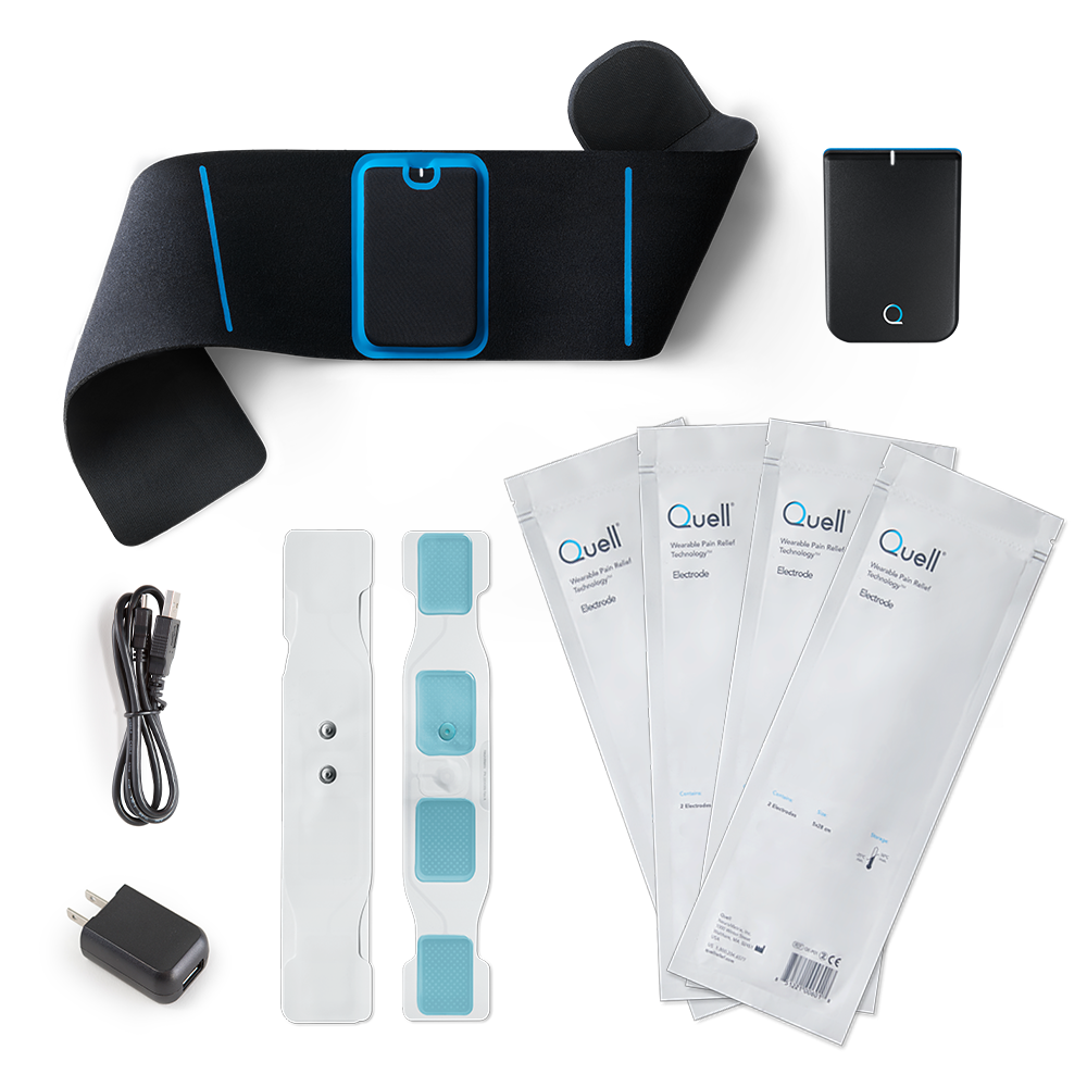 Quell Fibromyalgia Starter Kit. 1 Quell Device, 4 Standard Electrode Packs, 1 Standard Leg Band, 1 USB Charger, 1 USB Cable