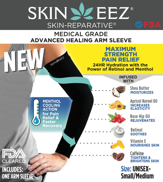 Compression Sleeve - Skineez Medical Grade Arm Sleeve Black S/M Menthol, Made in USA, 30 Pairs/Case