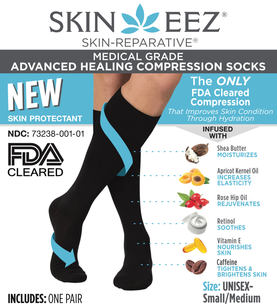 Compression Socks / Stockings - Skineez Medical Grade Advanced Healing Compression Sock 10-20mmHG Black S/M, Made in USA, 30 Pairs/Case