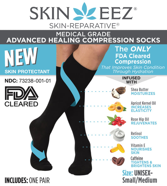 Compression Socks / Stockings - Skineez Medical Grade Advanced Healing Compression Sock 10-20mmHG Black S/M, Made in USA, 30 Pairs/Case