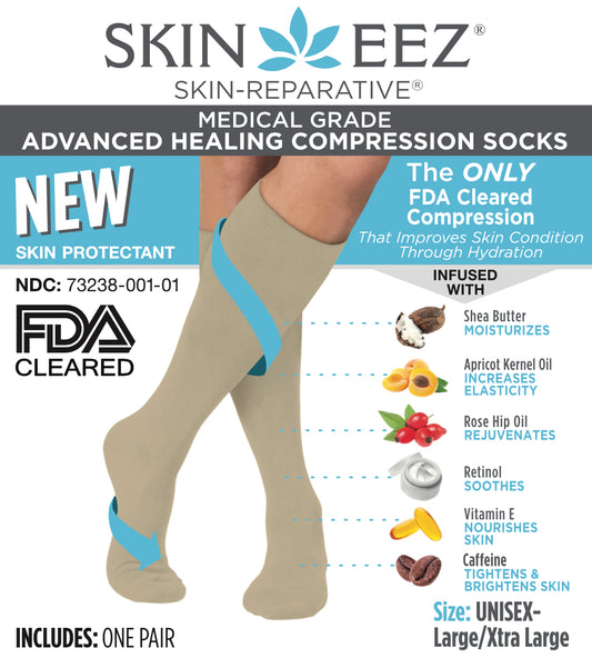 Compression Socks / Stockings - Skineez Medical Grade Advanced Healing Compression Sock 10-20mmHG Tan L/XL, Made in USA, 30 Pairs/Case