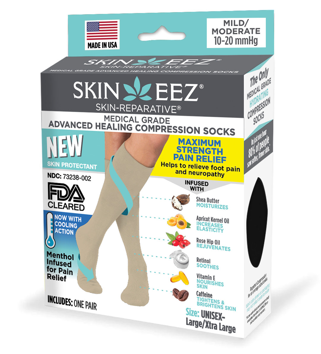 Compression Socks / Stockings - Skineez Medical Grade Advanced Healing Compression Sock 10-20mmHG Tan L/XL Menthol , Made in USA, 30 Pairs/Case