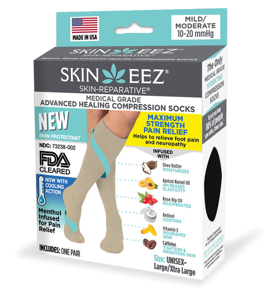 Compression Socks / Stockings - Skineez Medical Grade Advanced Healing Compression Sock 10-20mmHG Tan L/XL Menthol , Made in USA, 30 Pairs/Case