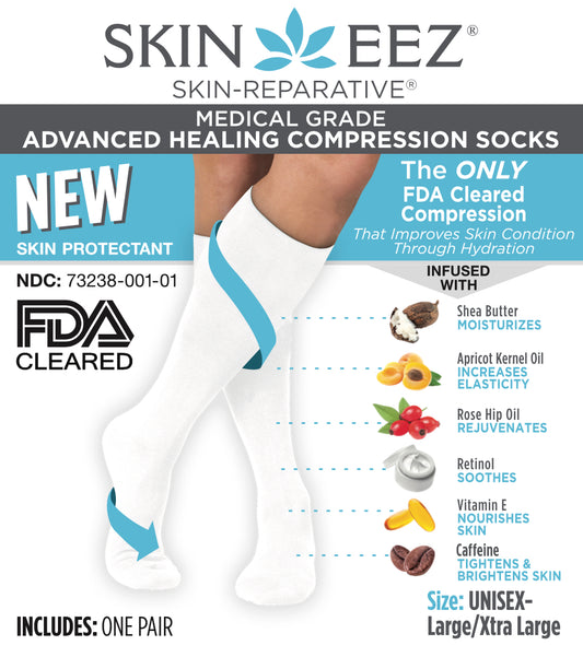 Compression Socks / Stockings - Skineez Medical Grade Advanced Healing Compression Sock 10-20mmHG White L/XL, Made in USA, 30 Pairs/Case