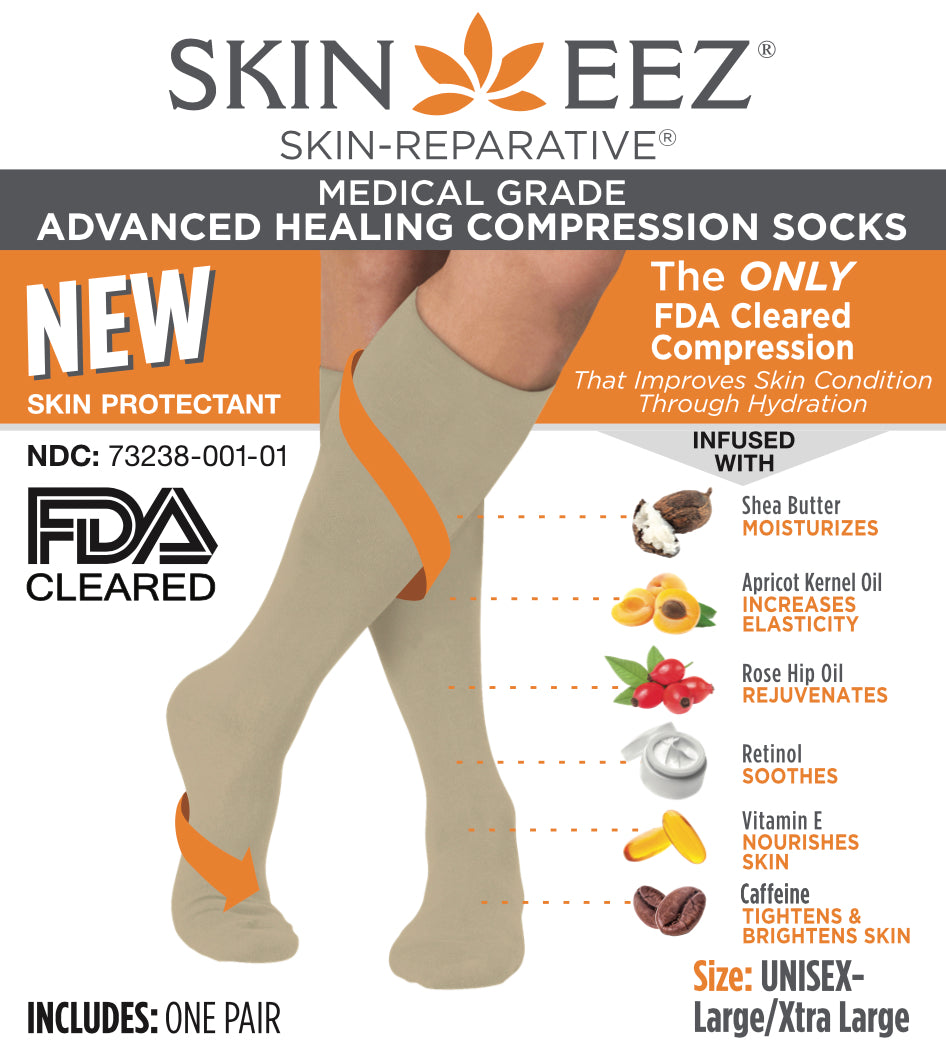 Compression Socks / Stockings - Skineez Medical Grade Advanced Healing Compression Sock 20-30mmHG Tan L/XL, Made in USA, 30 Pairs/Case