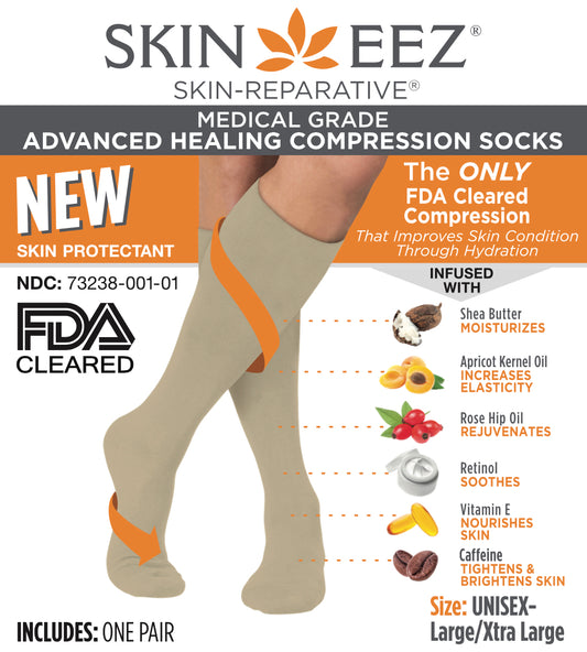 Compression Socks / Stockings - Skineez Medical Grade Advanced Healing Compression Sock 20-30mmHG Tan L/XL, Made in USA, 30 Pairs/Case