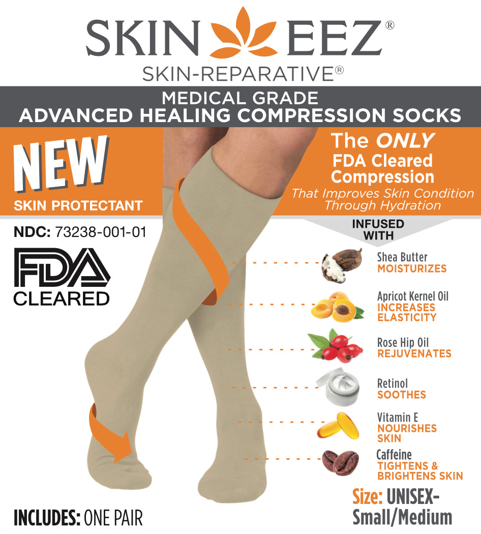Compression Socks / Stockings - Skineez Medical Grade Advanced Healing Compression Sock 20-30mmHG Tan S/M, Made in USA, 30 Pairs/Case