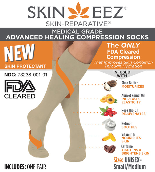 Compression Socks / Stockings - Skineez Medical Grade Advanced Healing Compression Sock 20-30mmHG Tan S/M, Made in USA, 30 Pairs/Case
