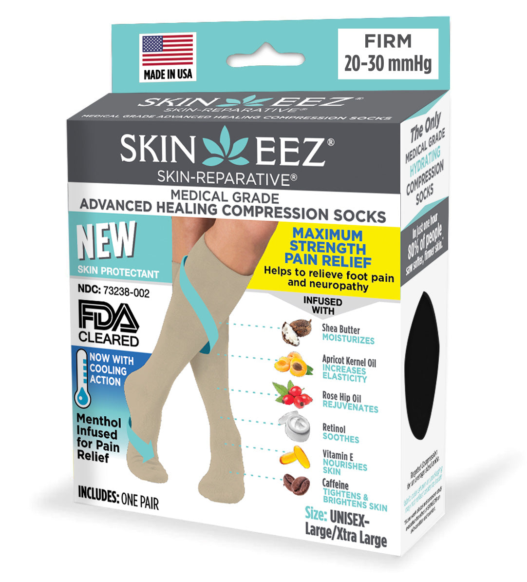 Compression Socks / Stockings - Skineez Medical Grade Advanced Healing Compression Sock 20-30mmHG Tan L/XL Menthol , Made in USA, 30 Pairs/Case
