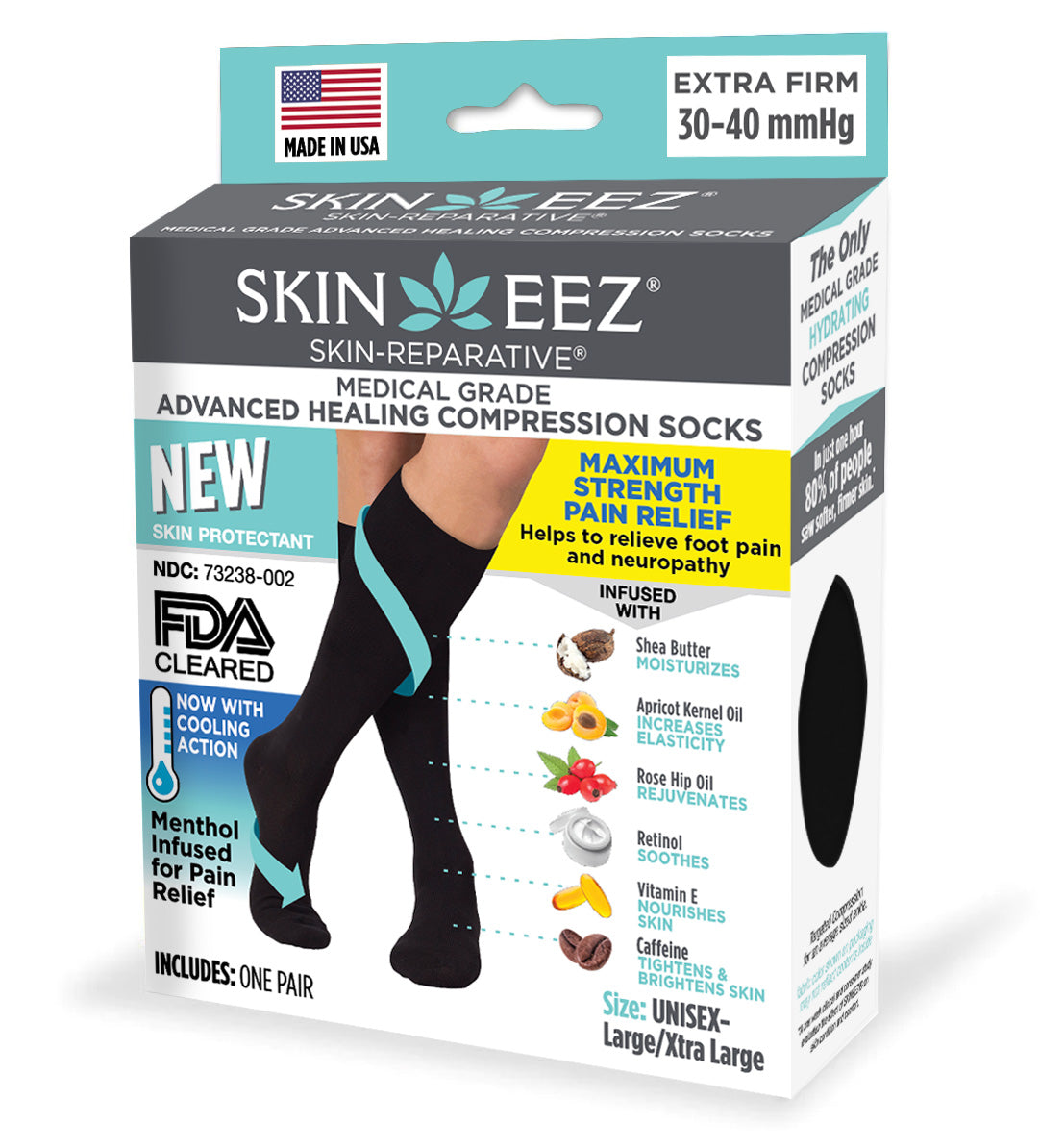 Compression Socks / Stockings - Skineez Medical Grade Advanced Healing Compression Sock 30-40mmHG Black L/XL Menthol , Made in USA, 30 Pairs/Case