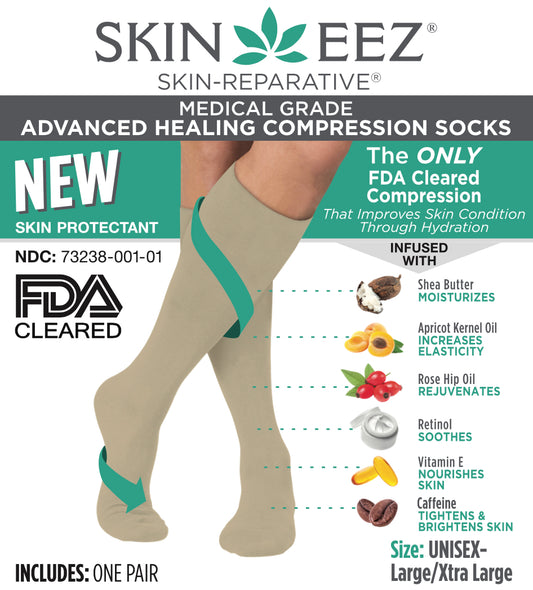 Compression Socks / Stockings - Skineez Medical Grade Advanced Healing Compression Sock 30-40mmHG Tan L/XL, Made in USA, 30 Pairs/Case