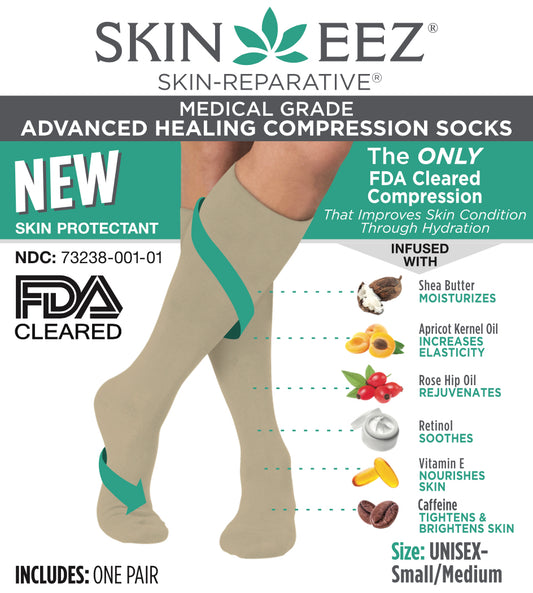 Compression Socks / Stockings - Skineez Medical Grade Advanced Healing Compression Sock 30-40mmHG Tan S/M, Made in USA, 30 Pairs/Case