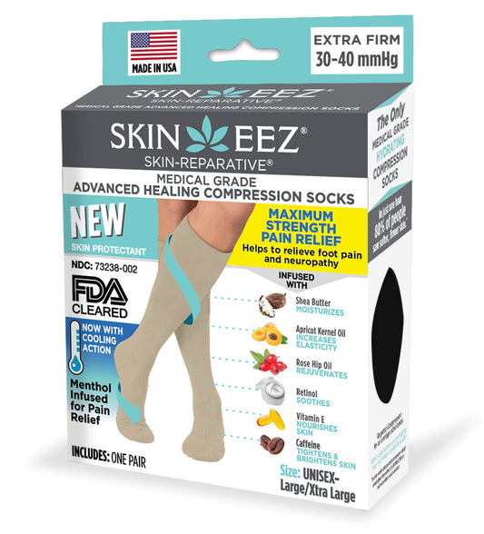 Compression Socks / Stockings - SkineezMD Medical Grade Advanced Healing Compression Sock MENTHOL Kit w/MD Spray 30-40 mmHg, Tan, L/XL, 30 Pairs/Case