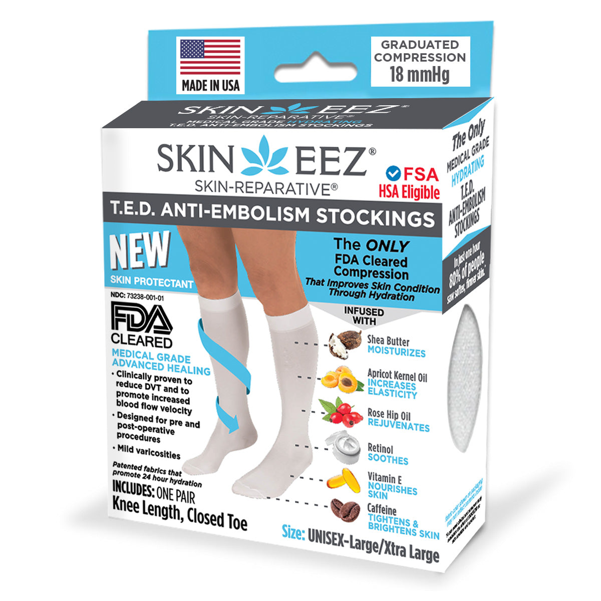 Compression Socks / Stockings - Skineez Knee High - Anti Embolism Stocking/TED Hose 18mmHg, White, L/XL , Made in USA, 30 Pairs/Case
