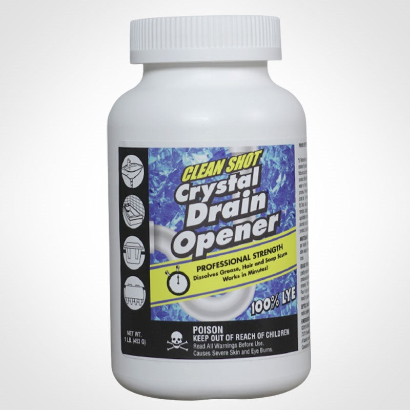 Clean Shot Crystal Drain Opener: highest active content, crystal flake drain opener activated by hot water, 24-1lb jar/cs