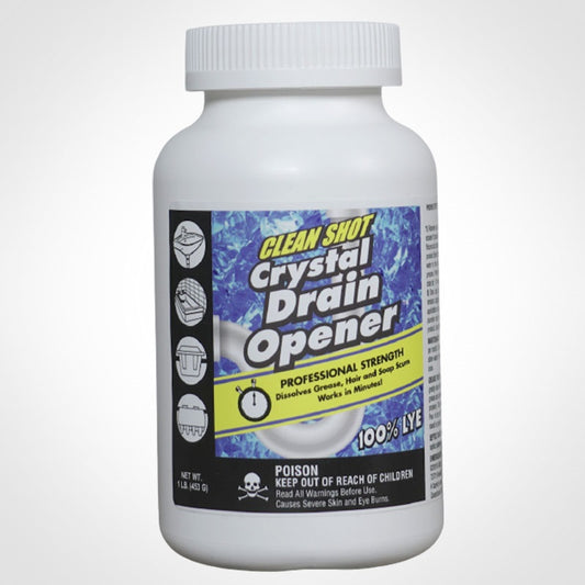 Clean Shot Crystal Drain Opener: highest active content, crystal flake drain opener activated by hot water, 24-1lb jar/cs